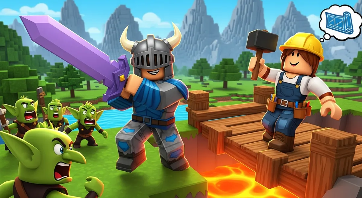 Two Roblox characters teaming up in a co-op adventure duo gaming scene