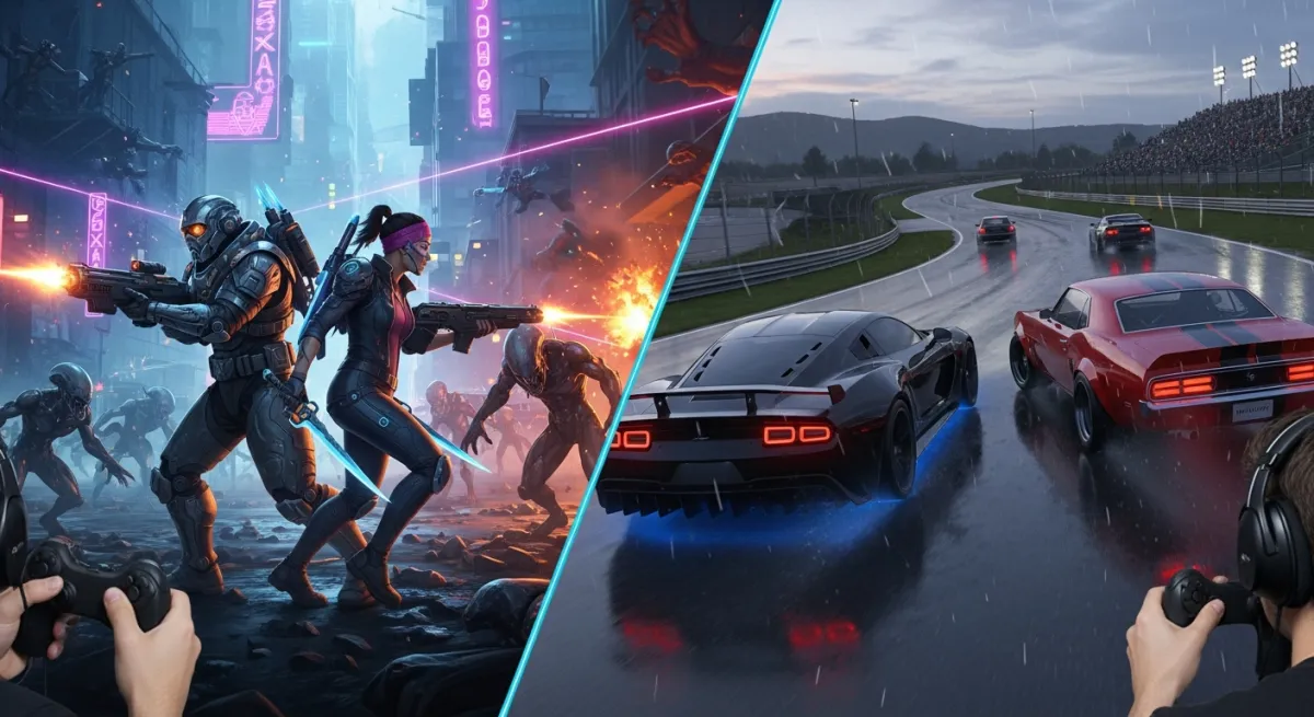 Split screen showing friends playing co-op and competitive Roblox games