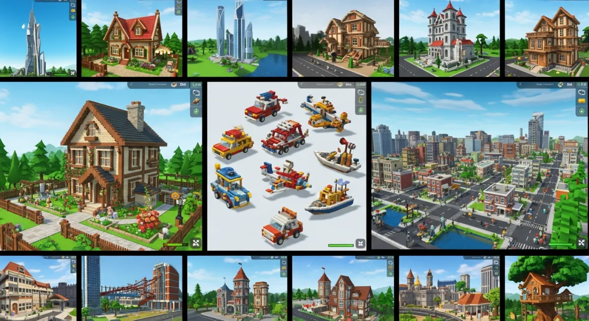 Different Roblox building game styles including houses, vehicles, and cities