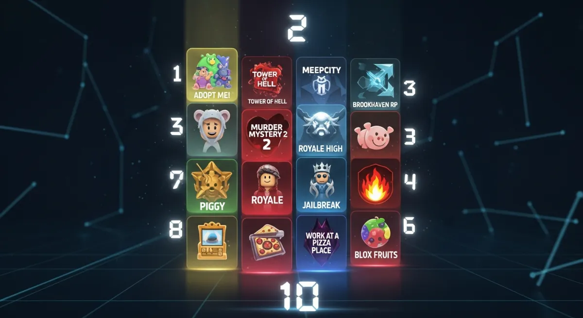 Top ranked Roblox games displayed as glowing cards with game icons
