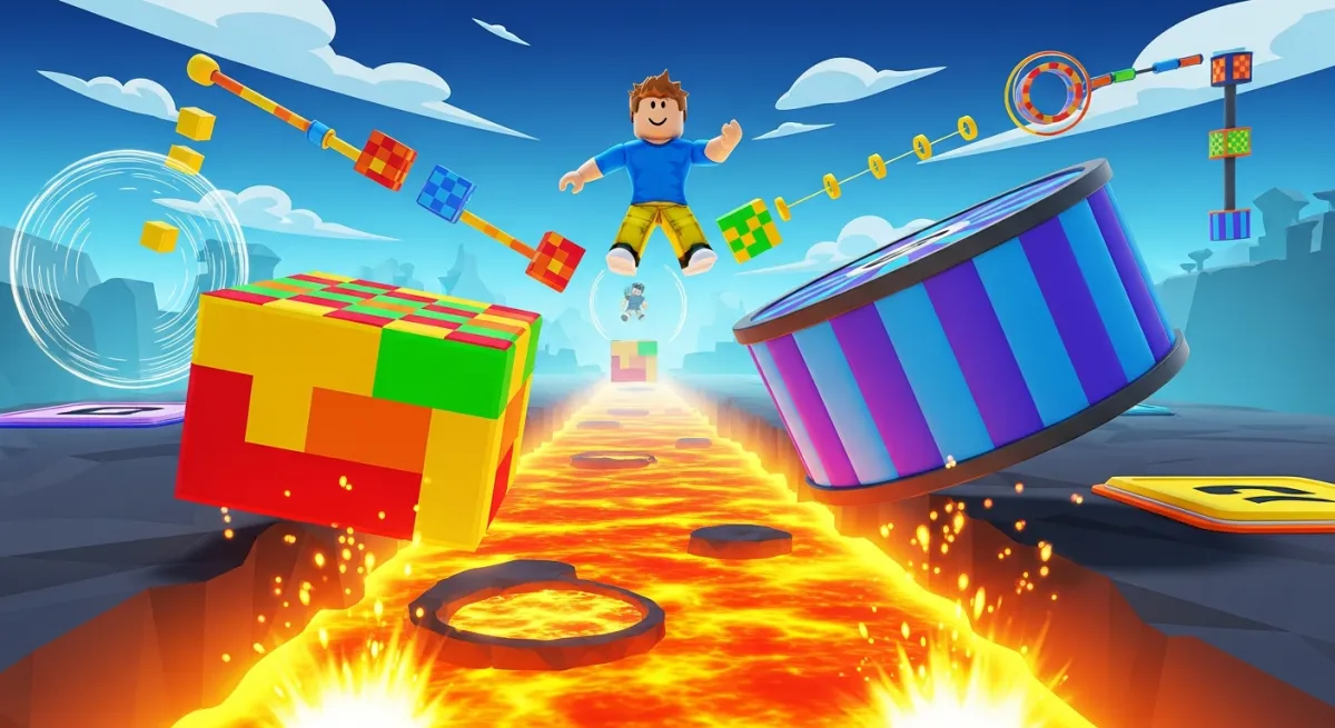 Dramatic Roblox obby scene with colorful platforms and a character mid-jump