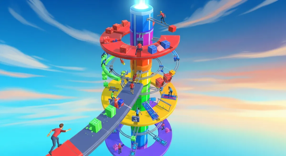 Tower of Hell style vertical obby with rainbow platforms spiraling upward