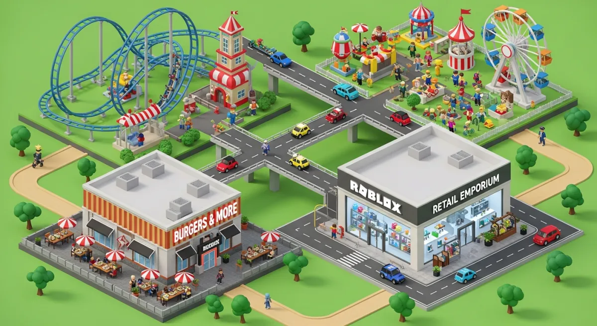 Roblox tycoon empire with multiple businesses in an isometric view