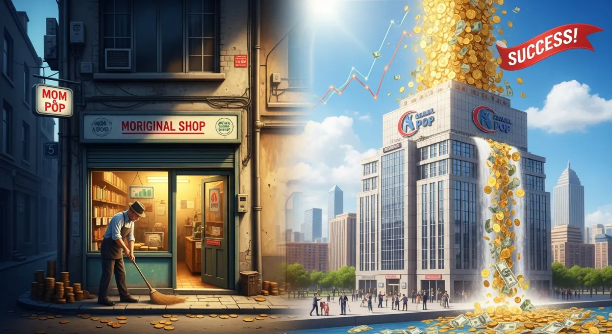 Tycoon progression showing a small shop growing into a massive empire