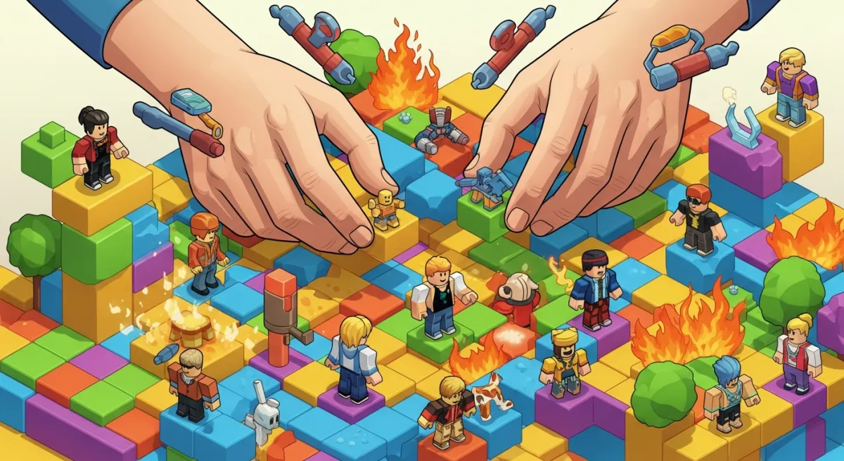 Building a colorful Roblox game world with 3D blocks and characters