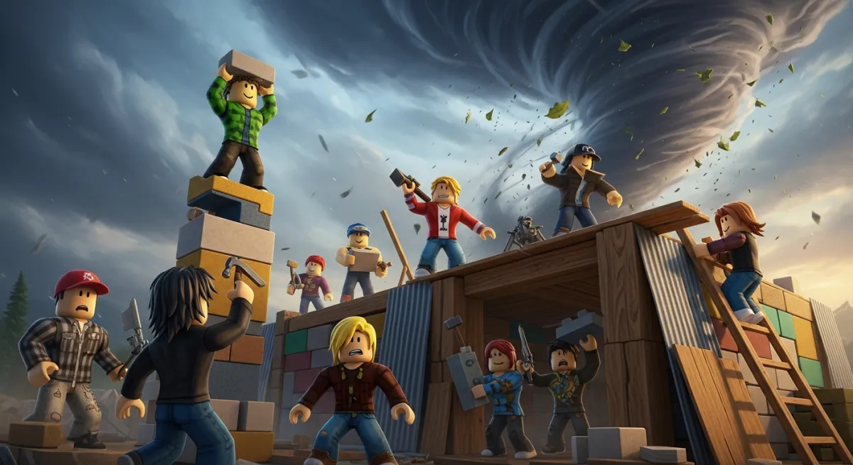 Roblox characters building a fortress shelter while a disaster approaches