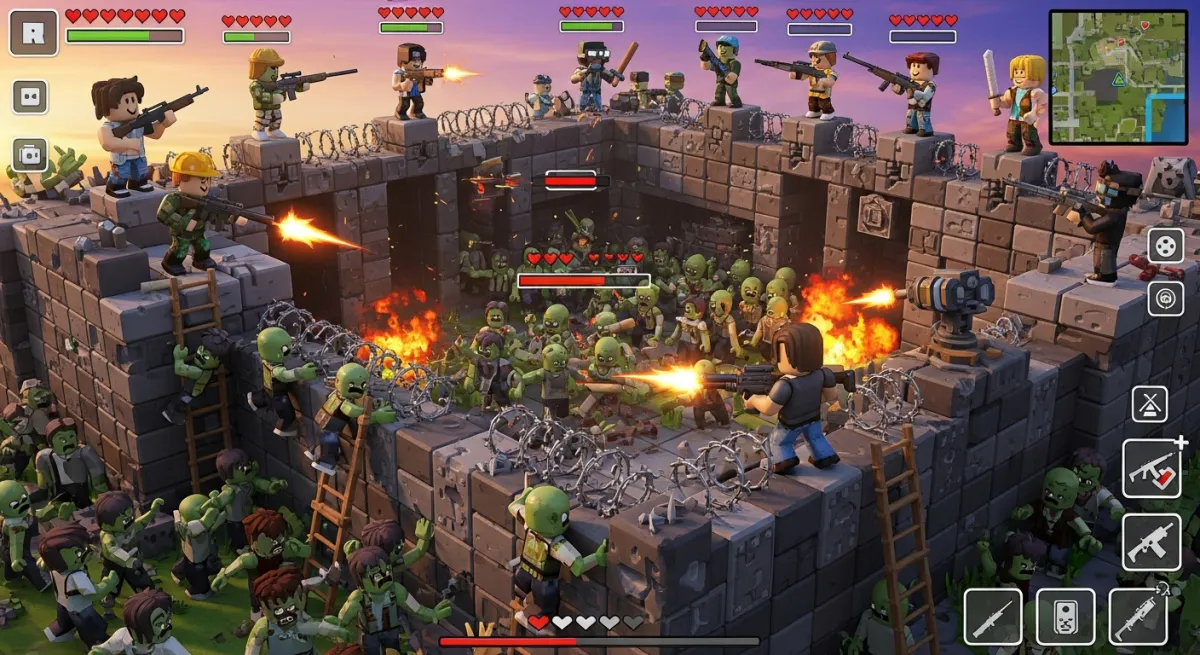 Base defense against zombie waves in a Roblox survival building game