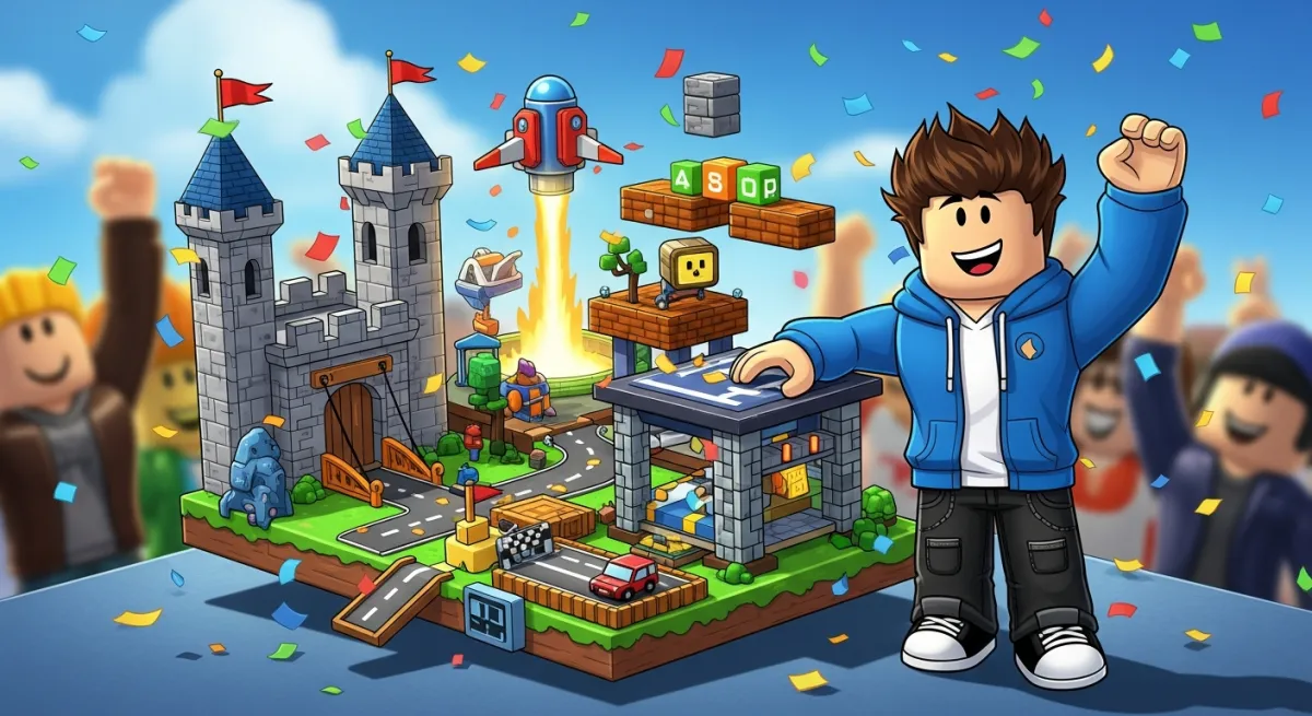 Roblox character standing proudly next to their finished game creation