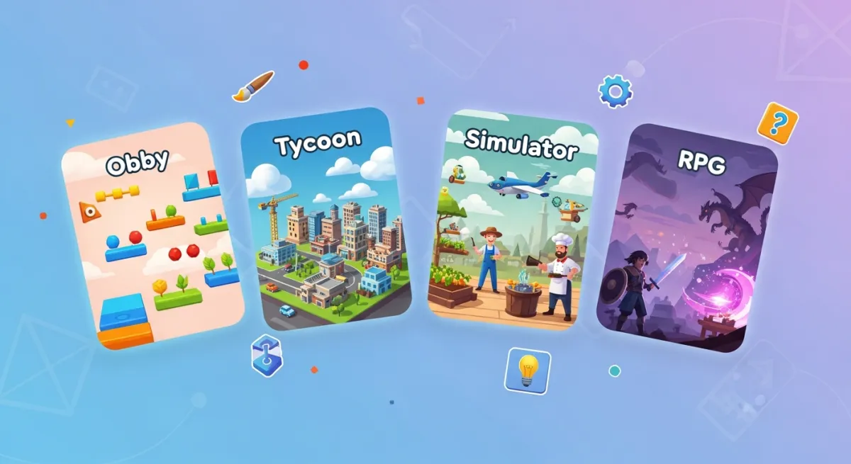 Game genre selection showing obby, tycoon, simulator and RPG options