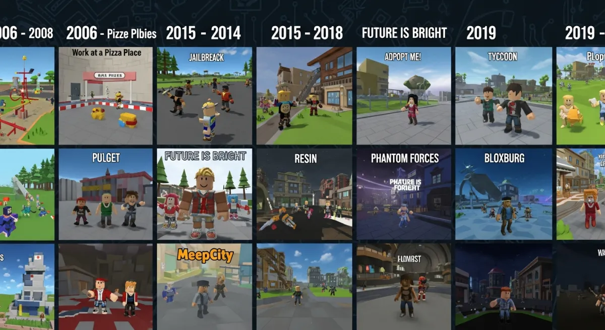 Timeline of iconic Roblox games showing the evolution from 2006 to present