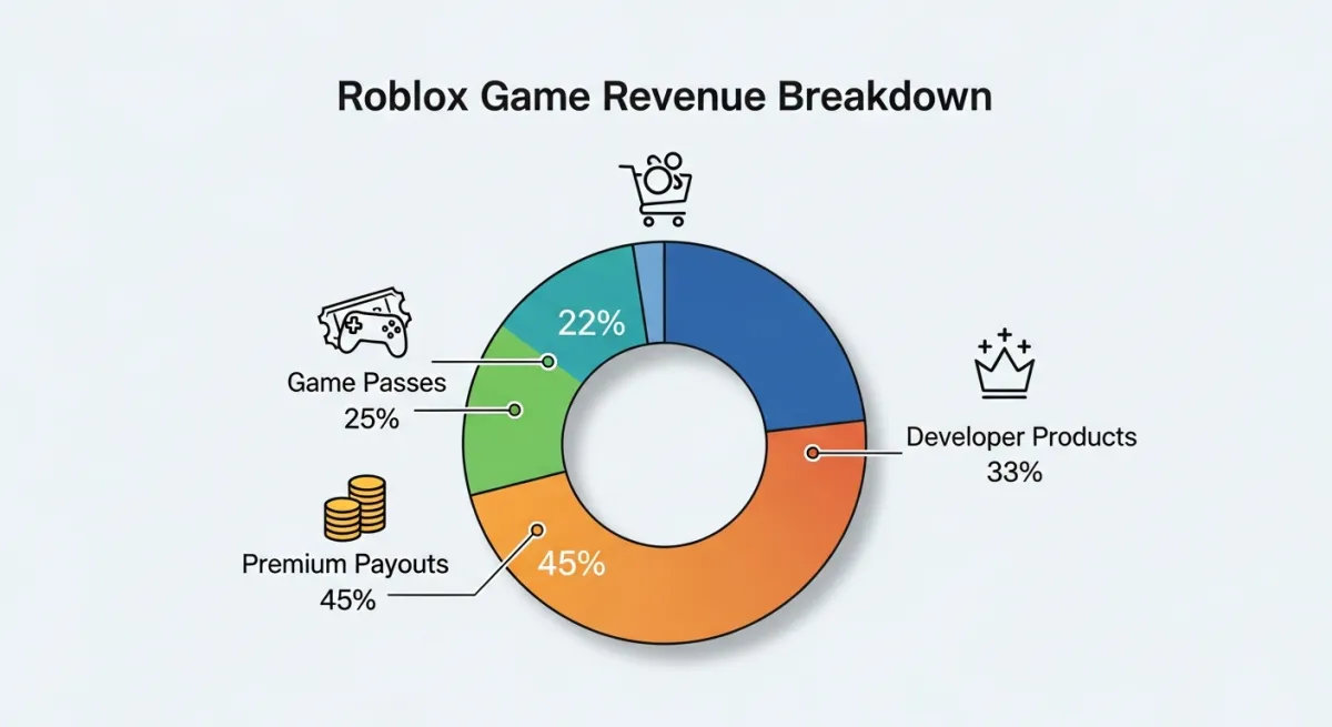 Revenue breakdown showing game passes, products, and premium payouts