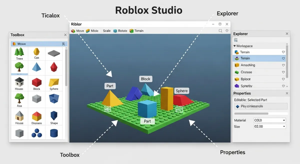 Beginner-friendly Roblox Studio tutorial with labeled interface elements