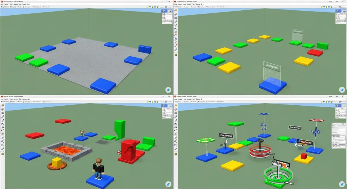 Simple obby being constructed in Roblox Studio with colorful platforms