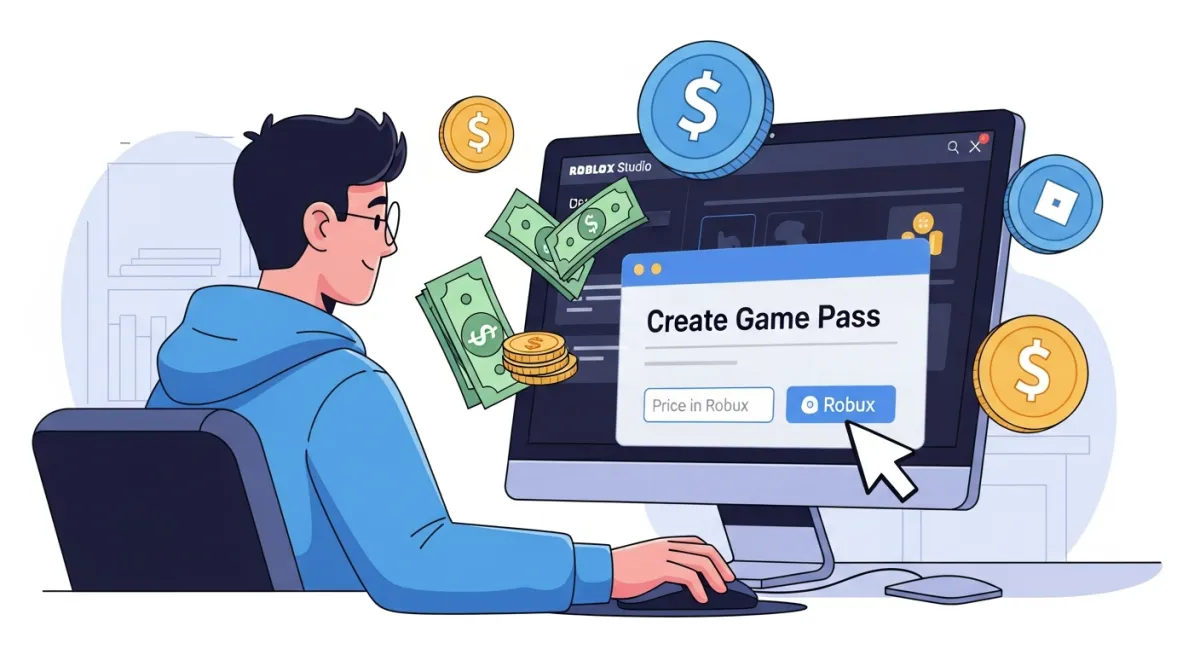 Developer setting up game passes in Roblox Studio for monetization