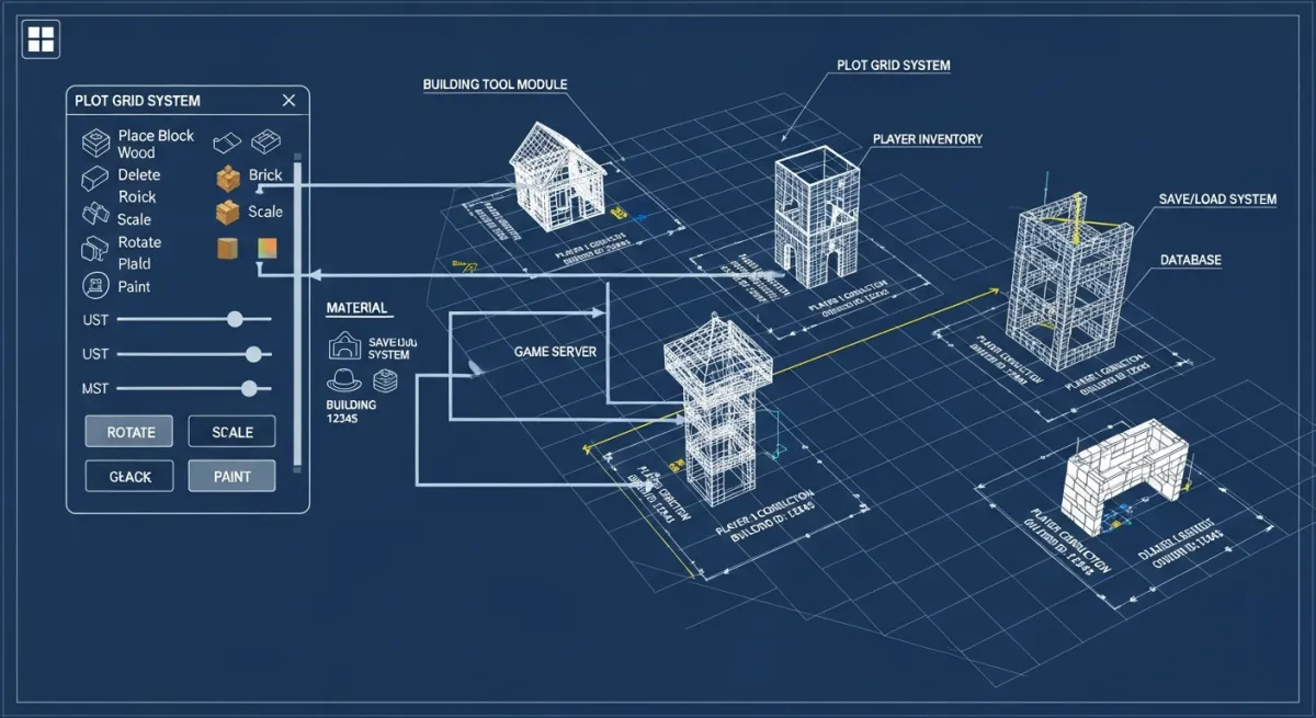 Blueprint of a Roblox building game system with plot grids and building tools