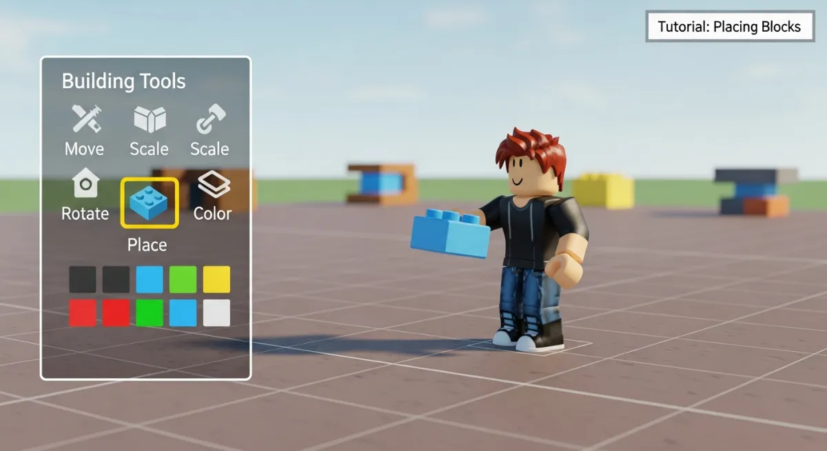 Player placing building blocks on their plot in a Roblox building game