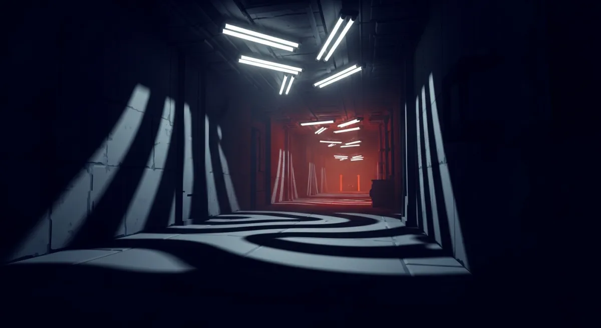 Dark atmospheric Roblox horror game corridor with flickering lights