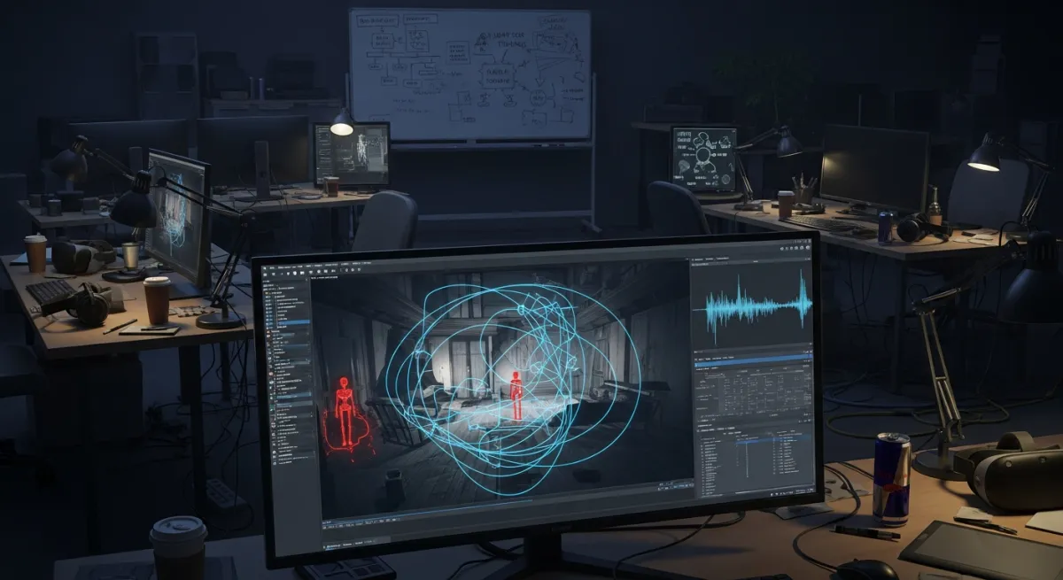 Horror game development elements including lighting, AI, and sound design