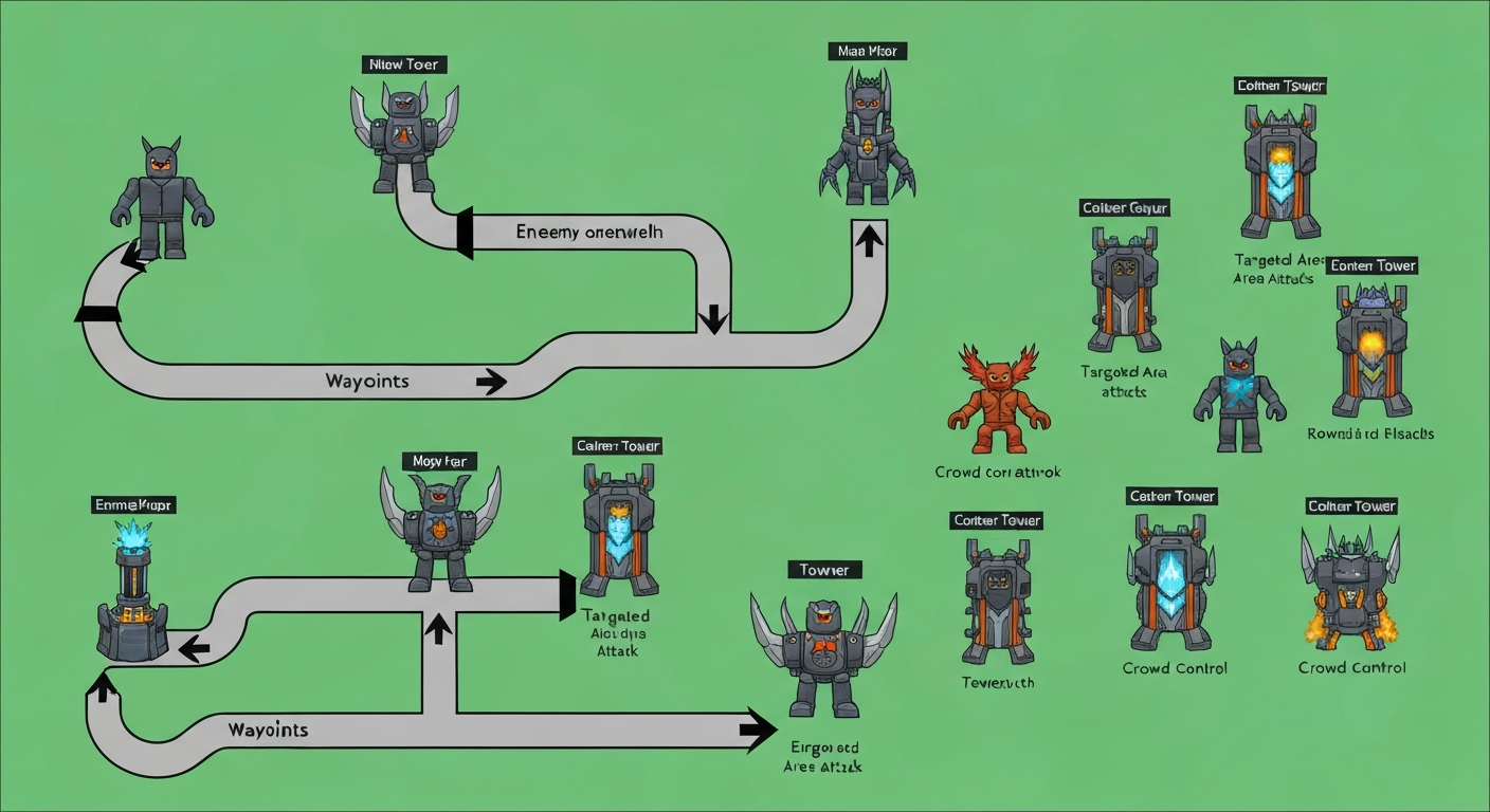 Roblox tower defense — enemy paths, tower placement, wave system