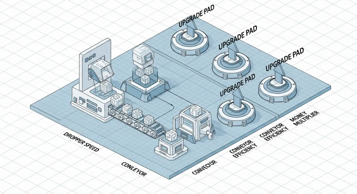 Roblox tycoon game blueprint showing dropper, conveyor, and upgrade pads