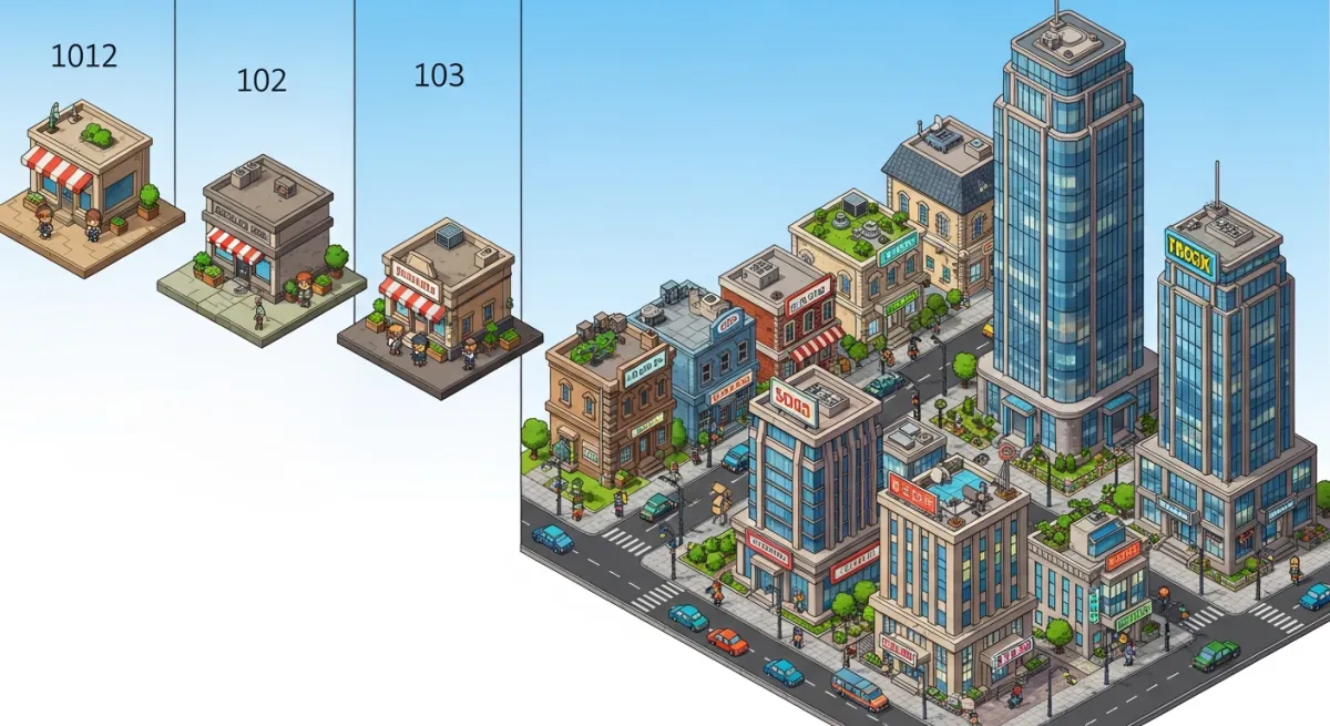 Tycoon empire progression from small shop to massive business complex