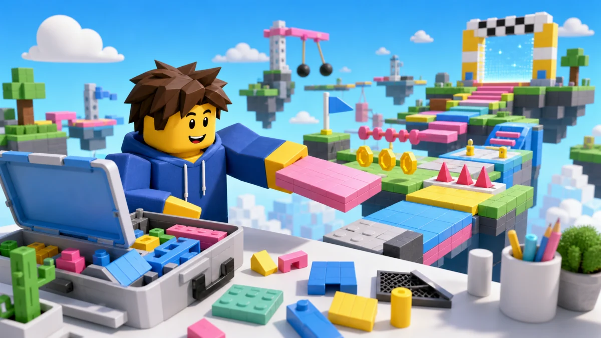 A creator building a colorful Roblox obstacle course with free tools