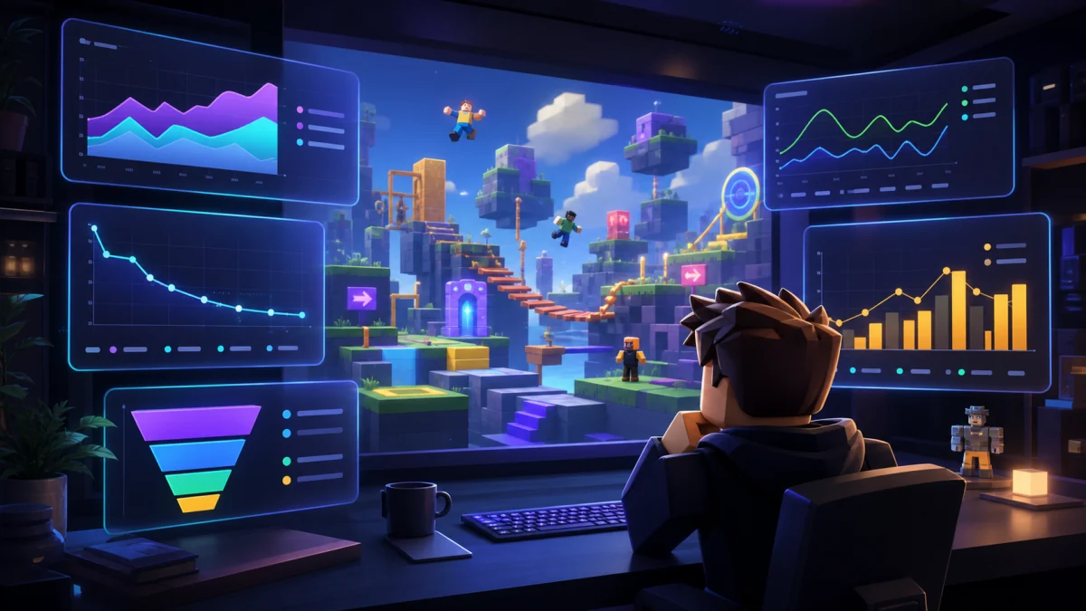 Roblox game world with acquisition retention and monetization analytics charts
