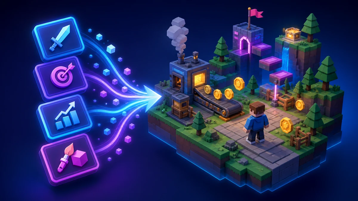 Game mechanics flowing into a generated block-based game world