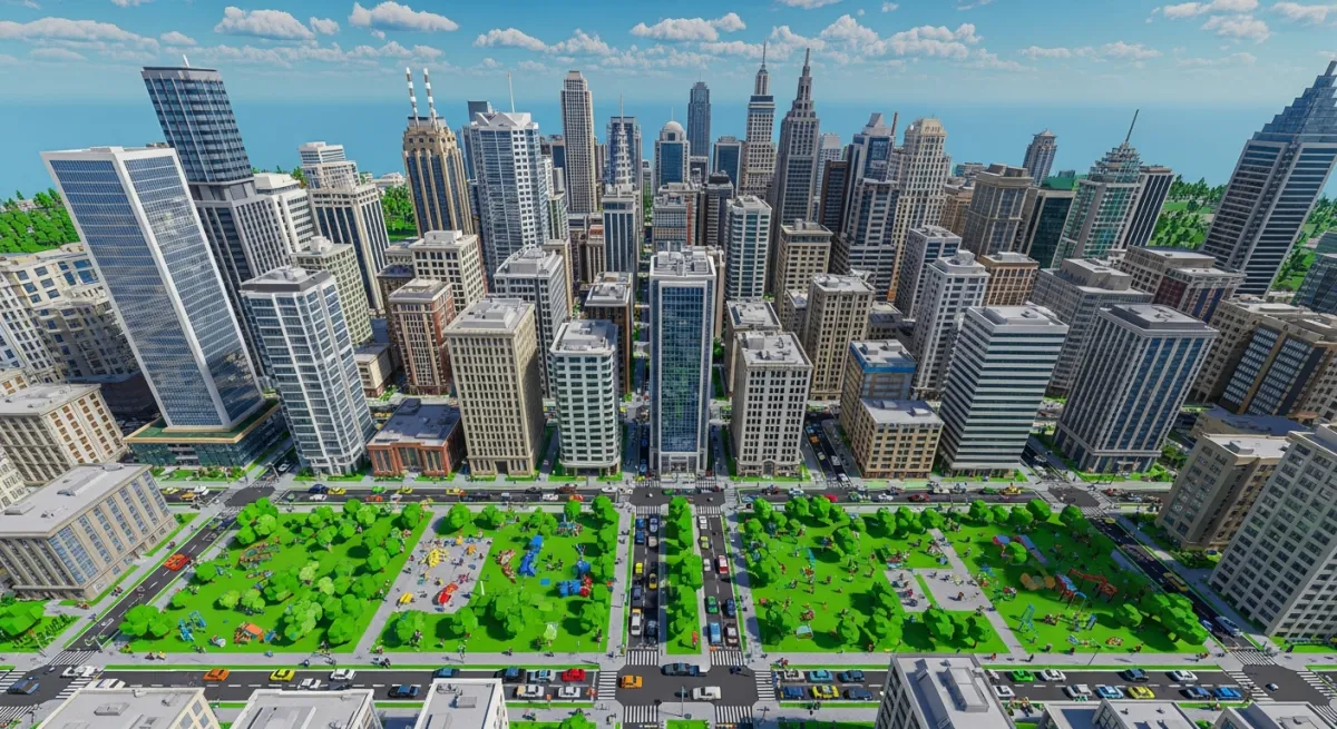 Aerial view of a player-built Roblox city with skyscrapers and roads