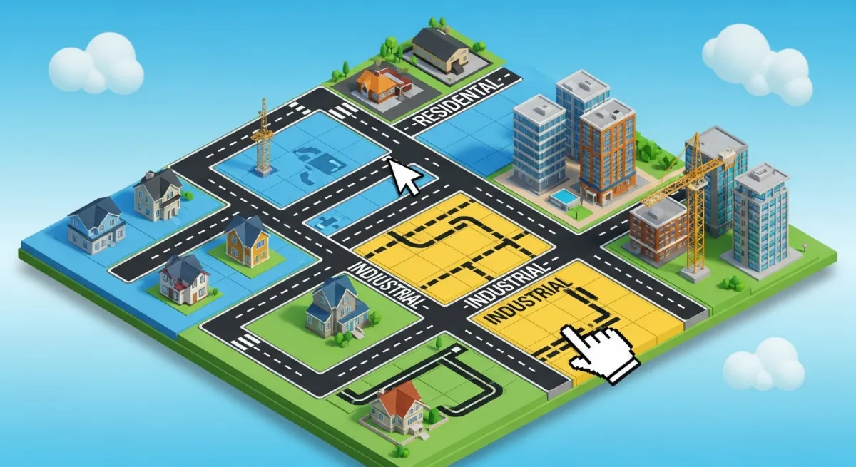 City planning in a Roblox game with zoning and buildings growing