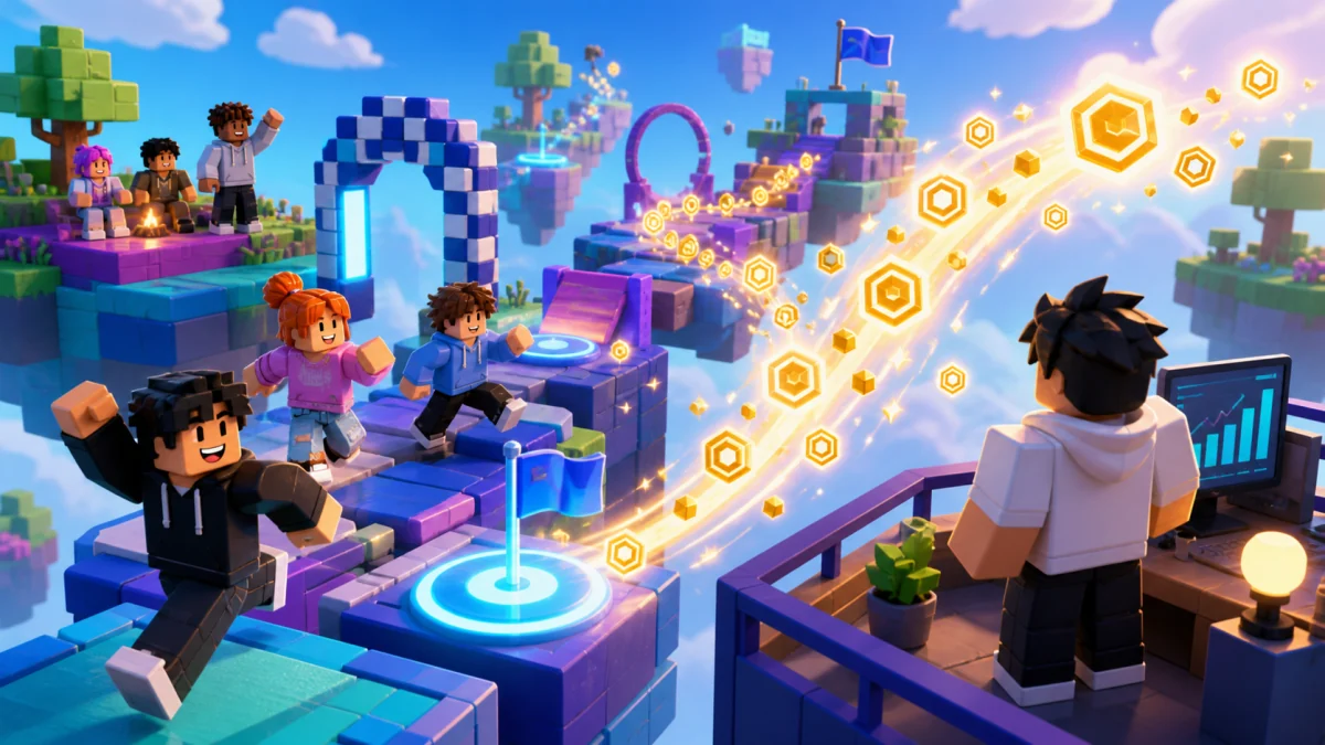 Roblox players enjoying an obby while creator reward tokens flow to a game creator