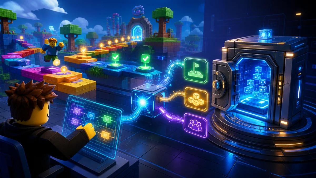 Roblox checkpoints and collectibles connected through server validation to a protected save-data vault