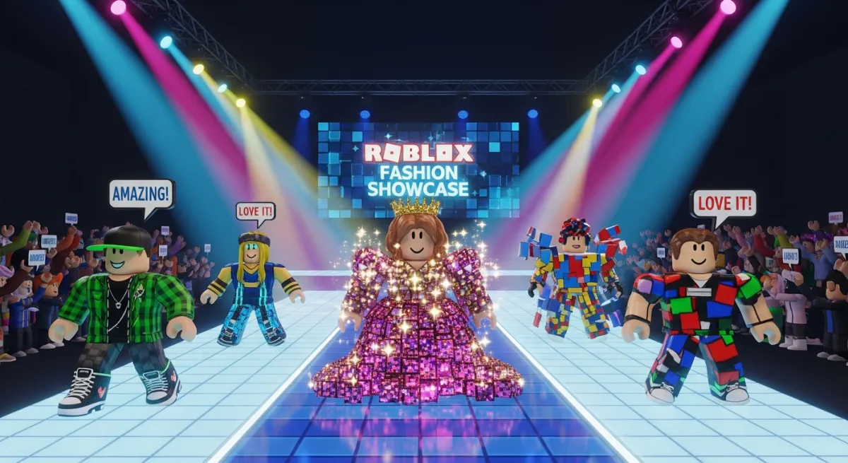 Roblox fashion show runway with stylish characters modeling outfits under spotlights
