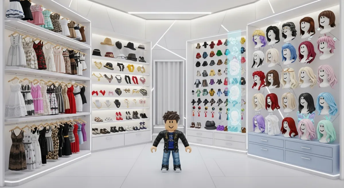 Roblox character wardrobe with hundreds of outfit options and accessories