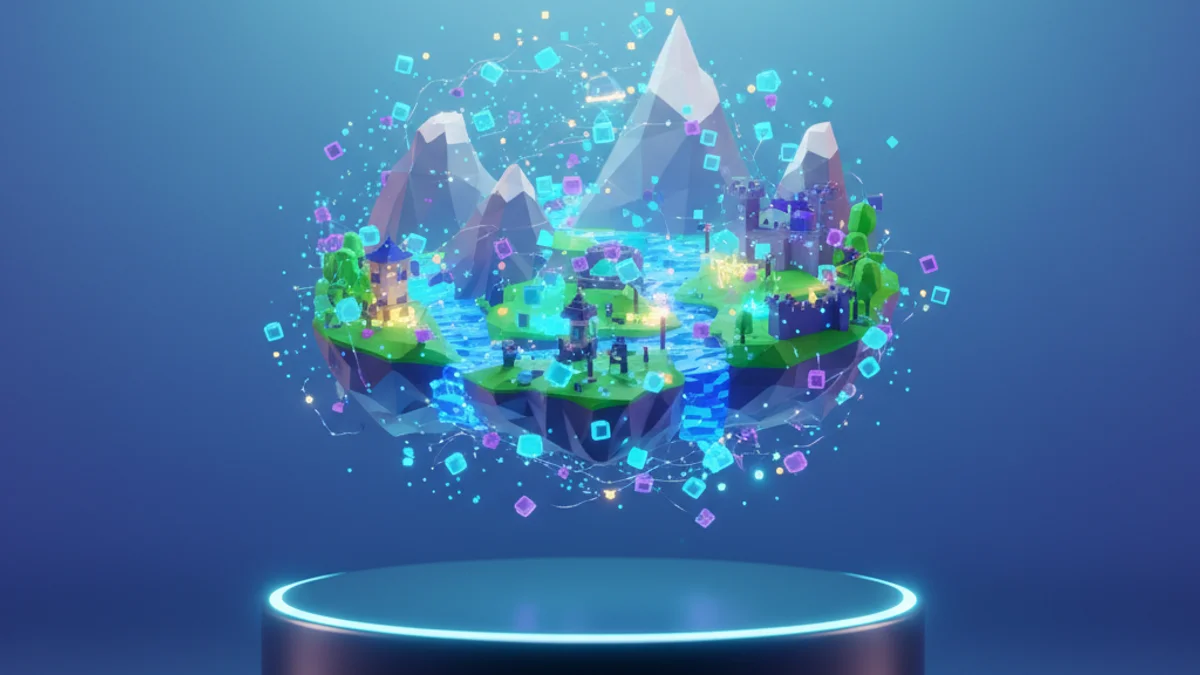 Procedural Roblox map generation showing islands assembling from glowing blocks