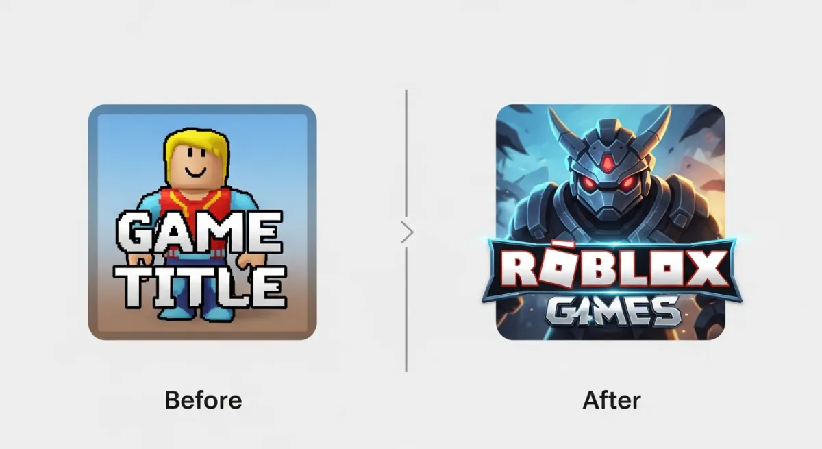 Before and after comparison of amateur vs professional Roblox game icons