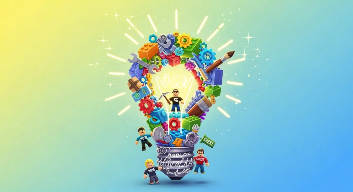 Lightbulb made of colorful Roblox game elements representing creativity and inspiration