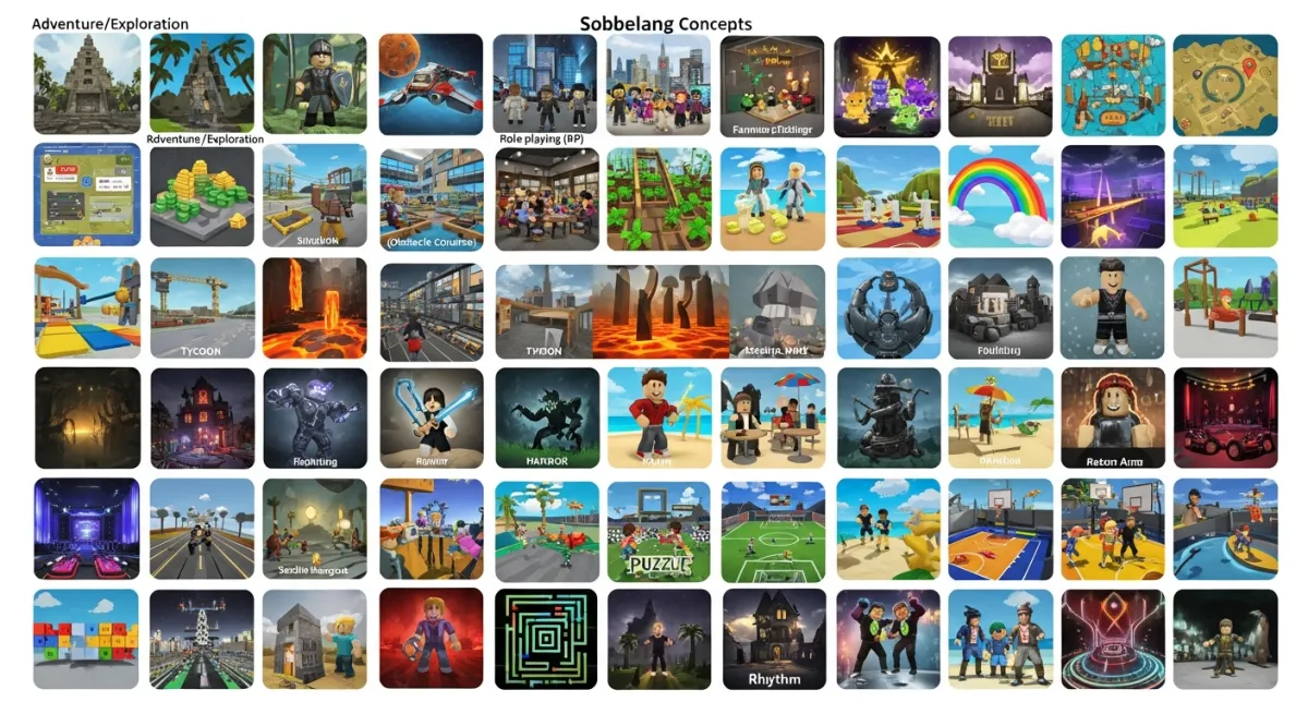 Grid of diverse Roblox game concepts shown as mini icons and thumbnails