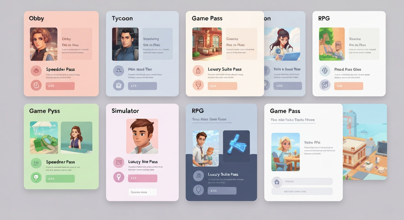 Game pass ideas by type — obby, tycoon, simulator, RPG