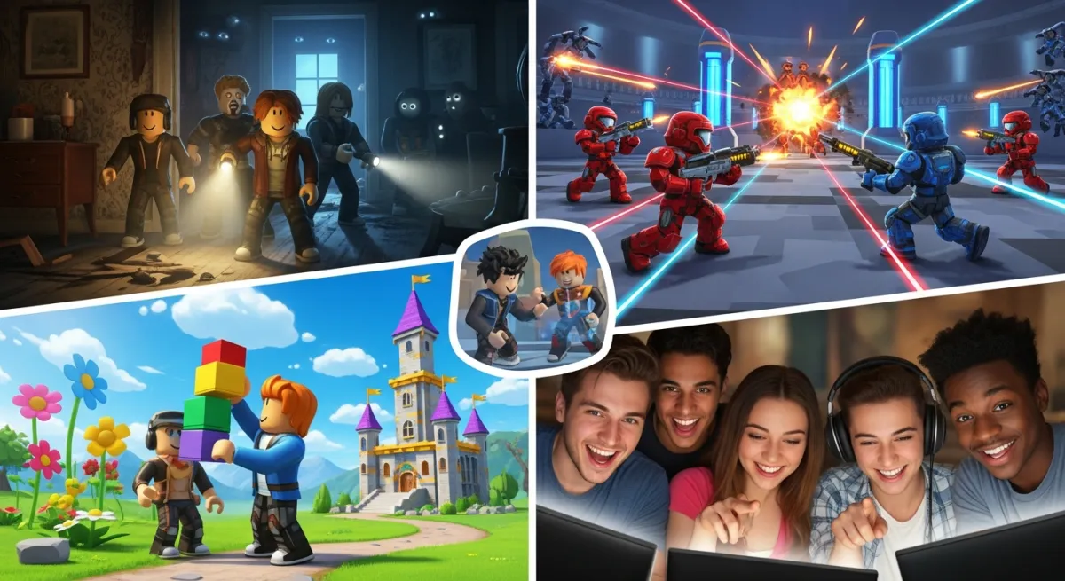 Different multiplayer Roblox activities including co-op horror and competitive battles