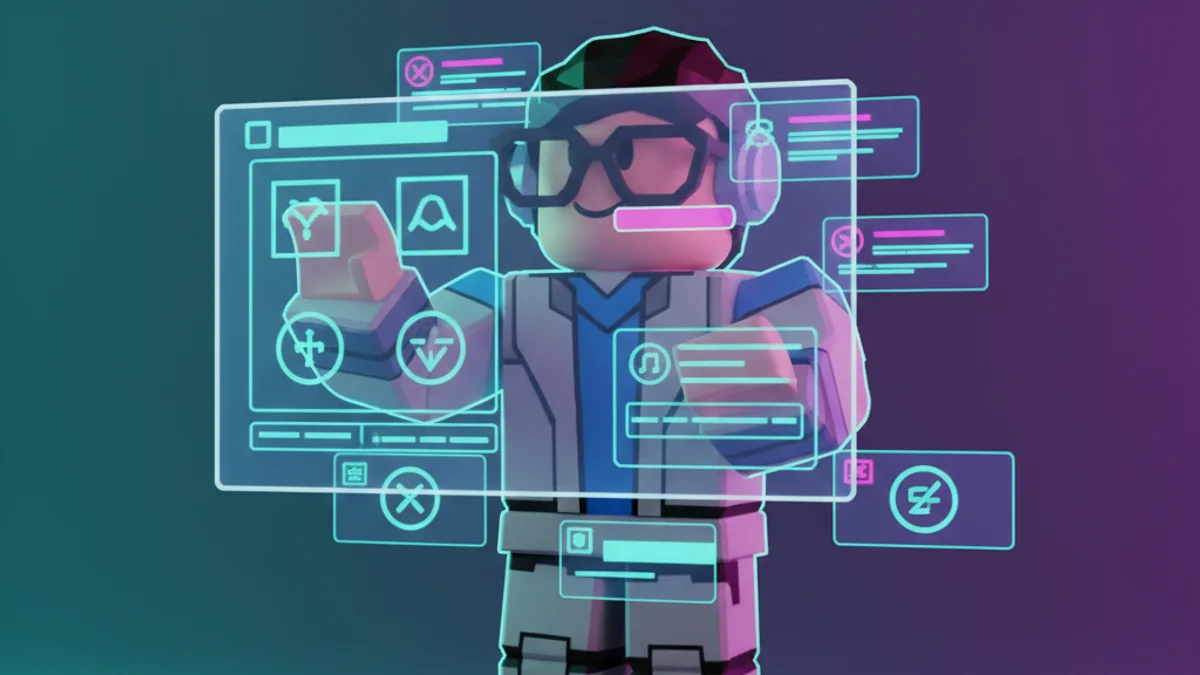 Designer arranging Roblox GUI panels on a holographic canvas