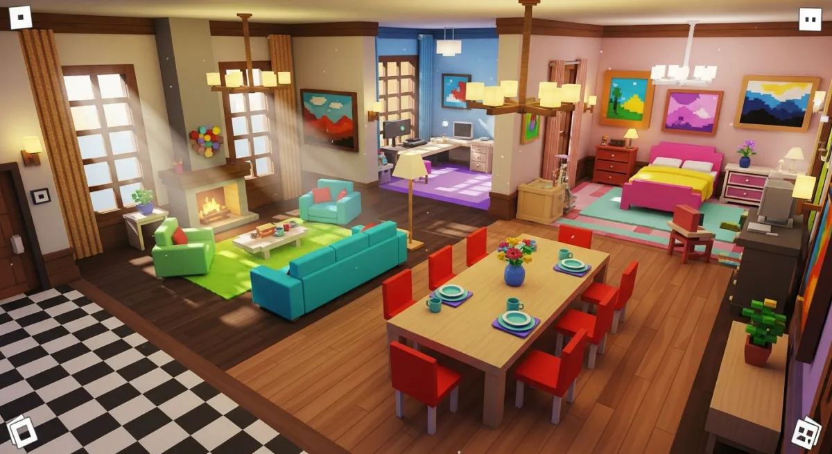 Beautiful Roblox dream house interior being decorated in a house building game