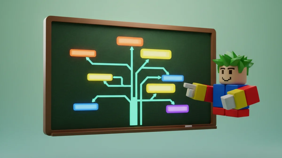 Luau code patterns and Roblox-specific syntax shown on a chalkboard
