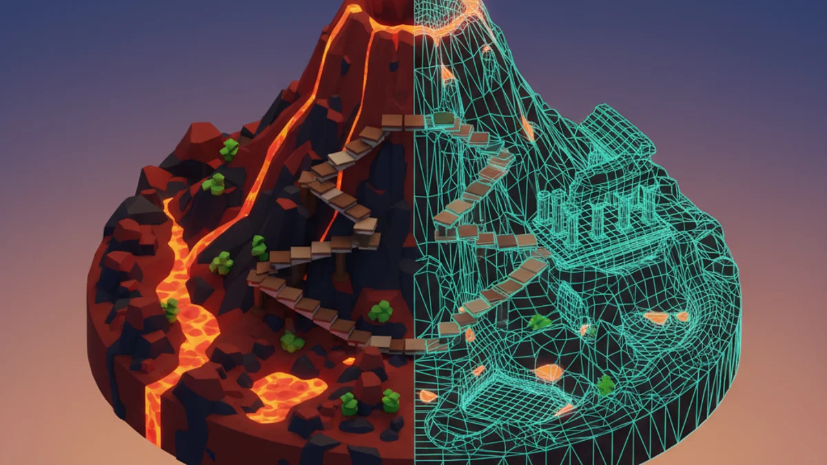 AI-generated Roblox terrain and obby map being edited in a studio workspace