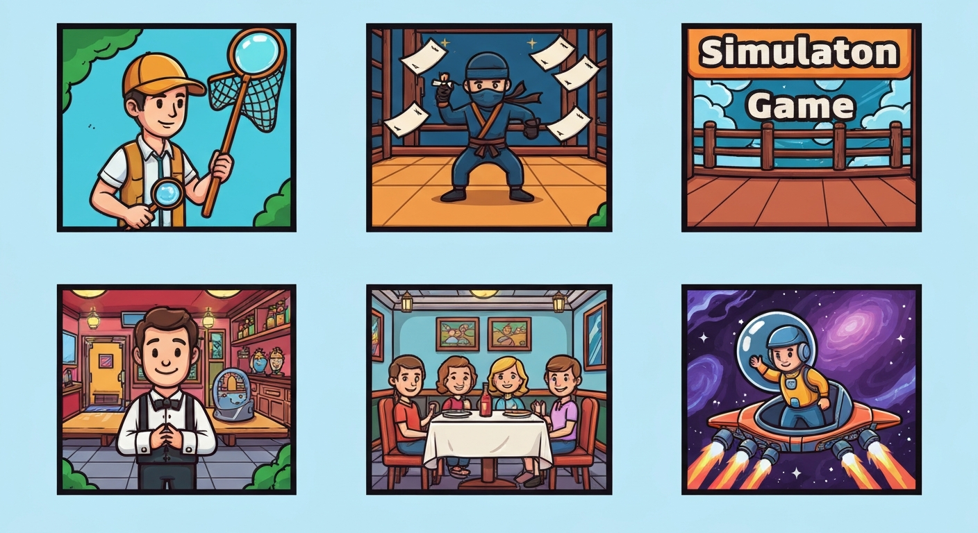 Roblox simulator concepts — pets, mining, fishing, combat
