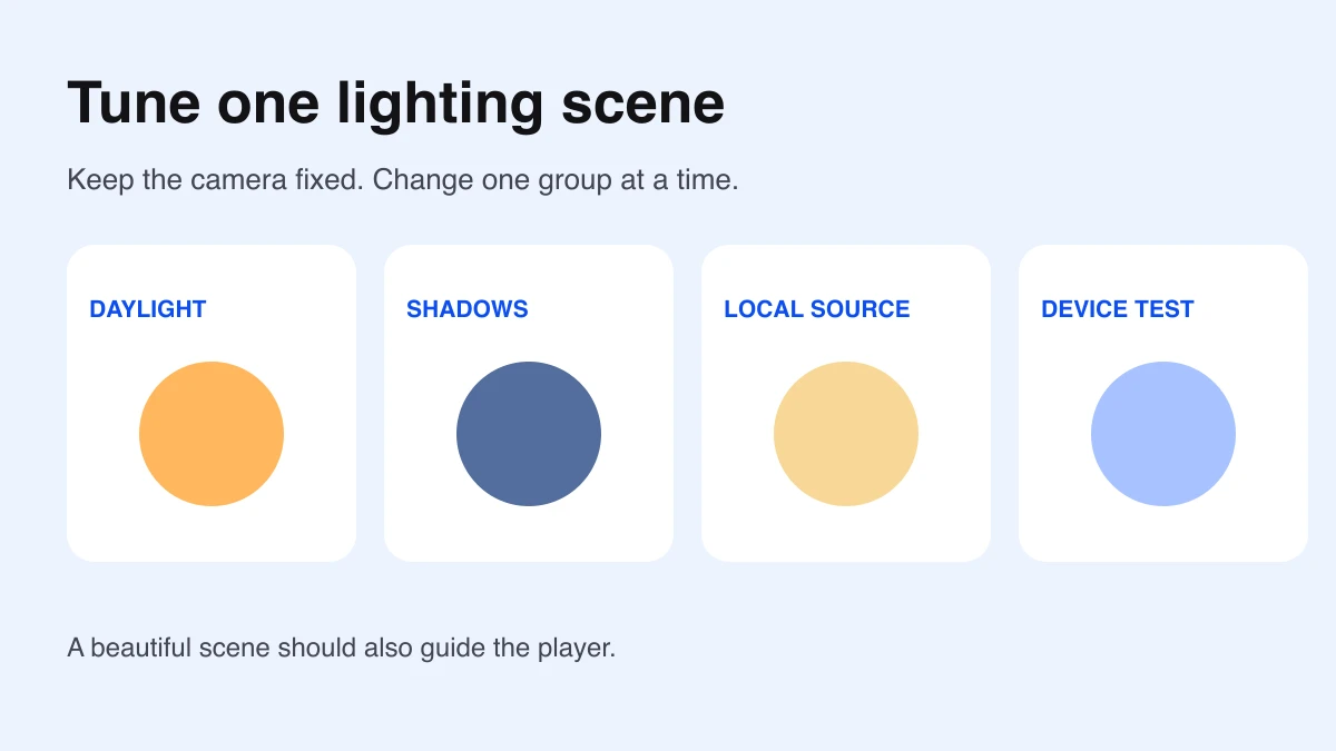 Lighting tuning workflow: daylight, readable shadows, one local source, and device testing