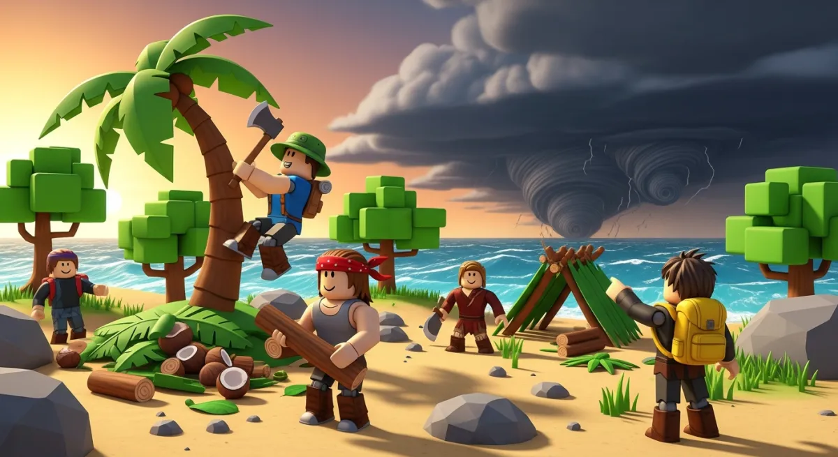 Roblox characters surviving on a deserted island building shelter