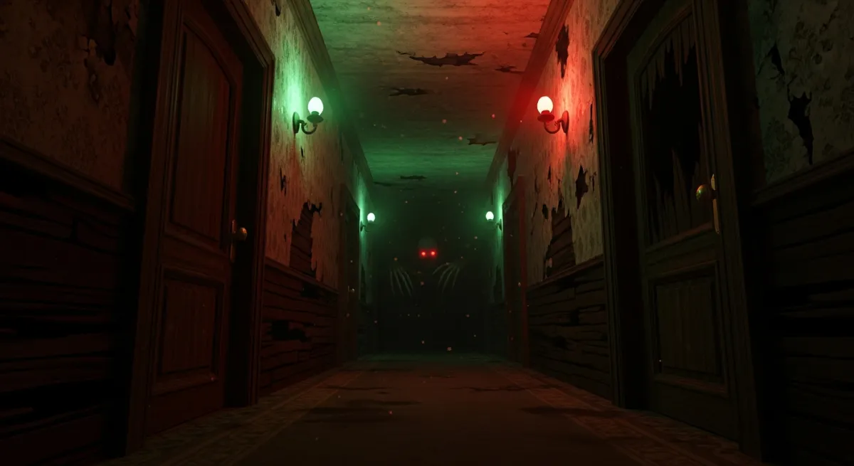 Dark and atmospheric Roblox horror game corridor with eerie lighting