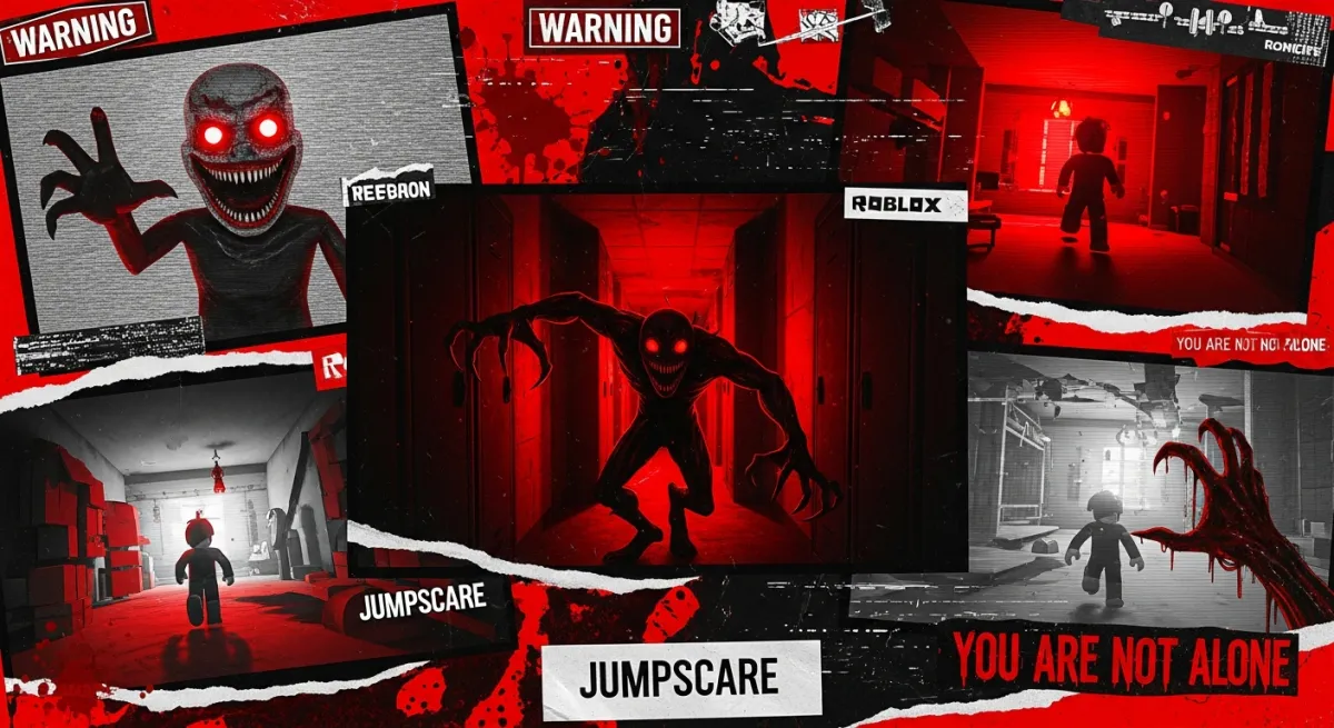 Collection of scary Roblox game moments in a horror collage