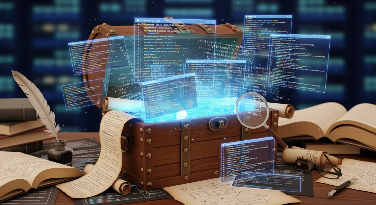 Open treasure chest revealing Roblox game code representing open-source sharing